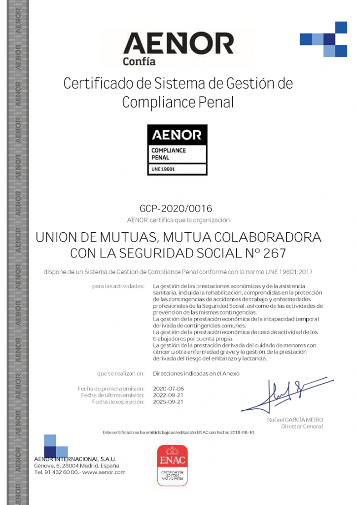 Certificado de AENOR que dice que Unión de Mutuas ha renovado el certificado de Compliance Penal de acuerdo con la Norma UNE 19601:2017