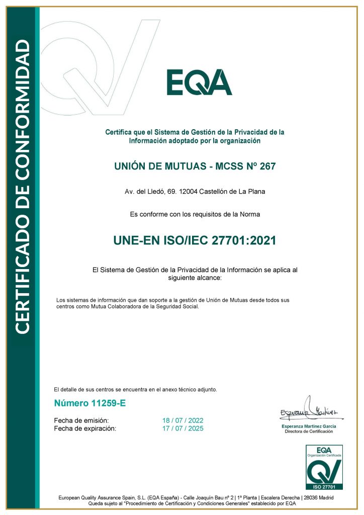 Certificado Unión de Mutuas cumple la norma ISO 27701 Privacidad de la Información